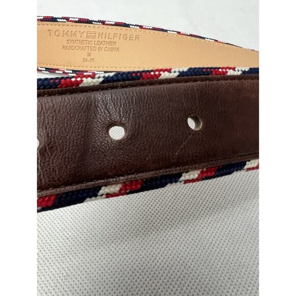 Tommy Hilfiger Mens Belt Size 34-36 Red White Blue Stripe Leather - Picture 3 of 4